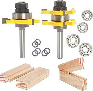 Sinoprotools 2Pcs Tongue and Groove Router Bit Set, 1/4" Shank Tongue and Groove Router Bits, 3 Teeth T Shape Jointing Router Bits,Wood Milling Cutter for Tongue&Groove Joints,Slots(1-3/4" Cut Dia.)