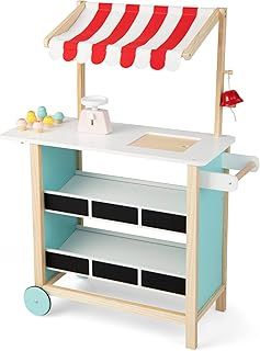 GYMAX Wooden Ice Cream Cart, Kids Pretend Play Grocery Store with 2 Wheels, Display Shelves, Scale, Bell & 6 Simulated Ice Creams, Dessert Toy Shop for 3 Year Old + Girls Boys (Red Striped Canopy)