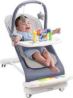 Baby Bouncer with Detachable Piano Toys, Baby Rocker with Feeding Tray, Removable Toy Bar, Thickened Cushion and Wheels 4-Level Adjustable Baby Bouncer Chair for Infants 0-18 Months (Blue)