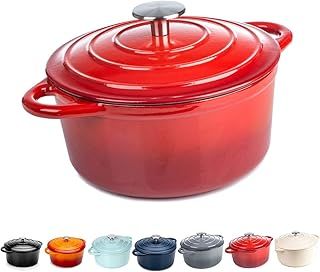 Round Casserole Dish - Cast Iron Ceramic Induction and Gas Safe Dutch Oven Roasting Cooker - with Lid - 10 Year Gurantee (5.2L Casserole, Red)