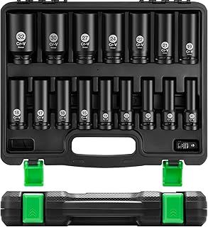 Ginour Impact Socket Set 1/2 Inch, 17PCs Drive Master Deep Impact Socket Set 10mm - 32mm, Metric, CR-V, 6 Point, with 3/8'' to 1/2'' Socket Adapter