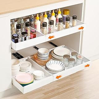 2 PACK Pull Out Cabinet Organiser, Extendable Large Slide Out Kitchen Storage Drawer Shelf, Drawers Cabinet Basket with Handle for Kitchen Bathroom, No Need Drill and Nailing(Range 32-48cm)