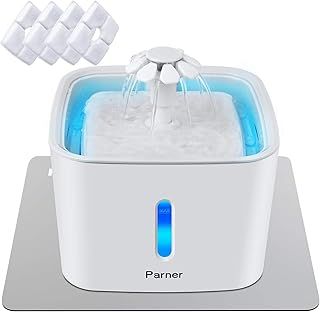 Cat Water Fountain, Parner 2.5L Cat Water Dispenser with Water Level Window, Cat Water Bowl with 4Pcs Filters & 1 Silicone Mat, Automatic Pet Drinking Fountain with LED Light, Night-vision