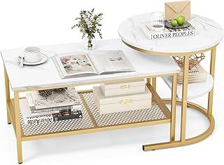 COSTWAY Nesting Coffee Tables Set of 2, Faux Marble Stacking Sofa Side End Table with Storage Shelf, 2-Tier Metal Frame Accent Center Tea Tables for Living Room Bedroom Office (Golden+White)