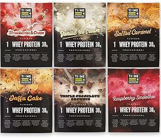 Time 4 Nutrition Whey Protein Professional Time Release Grass Fed Native Whey Protein Concentrate, Partially Hydrolysed Isolate & Micellar Casein (Variety Pack, 30g Sachet (Pack of 6))