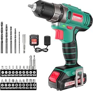 Cordless Drill Driver 12V, HYCHIKA Electric Screwdriver 30N·m, 21+1 Torque Electric Drill, 2-Variable Speed LED Work Light, 1500mAh Li-Ion Battery 25Pcs Accessories for Home and Garden DIY Project