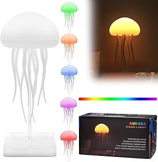 Jellyfish Lamp, RGB Gradient Jellyfish Bedside Lamp, LED Floating Jellyfish Lamp Voice Control, Jelly Fish Light Lamp with Dancing Tentacles, Rechargeable Jellyfish Table Lamp for Home Office Decor(B)