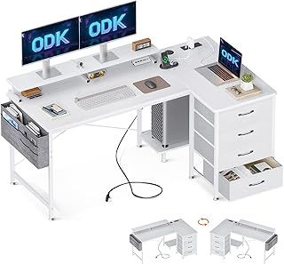 ODK Corner Desk with Drawers, L Shaped Computer Desk with USB Charging Port & Power Outlet, Home Office Desk with Monitor Stand and PC Stand, 140x80cm Gaming Desks Workstations, White