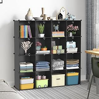 16 Cube Storage Unit, Bookshelf Cube Storage Set, DIY Cube Bookcase Unit, Ideal for Bedroom, Living Room, Office, Black 47.64" L x 12.20" W x 47.64" H