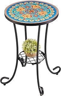 Mosaic Side Table and Plant Stand, 36cm Ceramic Tile Top, Indoor Outdoor Mosaic Accent Table with Shelf, Green
