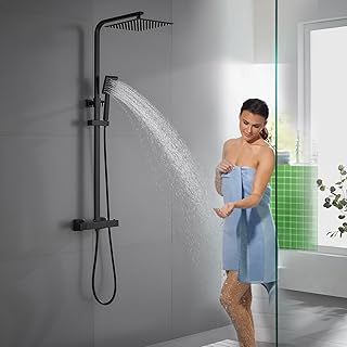 Thermostatic Shower Mixer Set Black, 30 * 30 cm Square Overhead Rainfall Shower Head, Handheld Shower, Height Adjustable Shower Set, Anti Scald Shower System