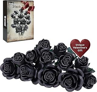 Black Rose Bouquet Building Set of 12 Black Artificial Roses Valentines Day Gifts for Her Men, Birthday, Anniversary, Mother's Day, Gothic Home Decor