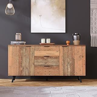 Merax Stylish Sideboard Storage Cabinet, Elegant TV Stand with Adjustable Shelves, Vertical Design, 3 Spacious Drawers for Living Room, Dining Room, or Bedroom, Vintage Brown, 140 x 35 x 70 CM