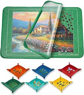 MOZOOSON Jigsaw Puzzle Board - 1000 Pieces Storage, Puzzle Storage Board 32 x 22inches, Jigsaw Puzzle Accessories for Easy Move and Store ( 6 Puzzle Sorting Trays & 1 Clear Cover), Green