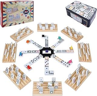 Double 12 Mexican Train Dominoes Set for Adults with 8pcs Wooden Trays,9 Train Markers & 91 Color Dot Tile Dominos in Tin Box - Classic Family Board Game Set Party Toy Gift for Elderly & Kids
