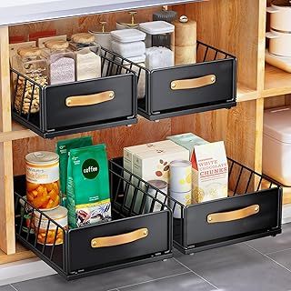 Pull out Cabinet Organiser Fixed with Adhesive Nano Film, Heavy Duty Pull Out Shelf Kitchen Storage Drawer, Sliding Mesh Cabinet Basket with Handle, 40 Depth x 25 Width x 16 Height CM