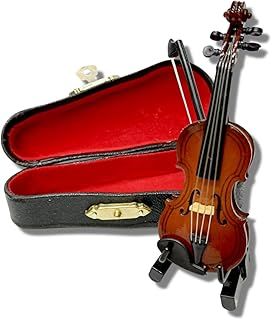 AUCANNIO Miniature Violin, Tiny Wooden Instrument Model with Stand, Bow, Black Leather Case, Mini 9cm Worlds Smallest Violin Toy for Kids, Decorating Houses, Offices, Festival, Birthday Gift, Brown