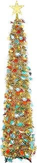 Tinsel Christmas Tree, 5ft Collapsible Pop Up Tinsel Tree with LED Lights and Star lights, Large Sequin Artificial Christmas Pencil Trees Decorations for Home Apartment Party Indoor Outdoor (Gold)