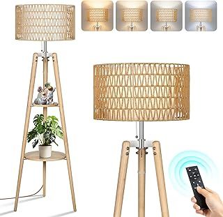 OUTON Wood Tripod Floor Lamp with Rattan & Linen Double Shades, Dimmable & Adjustable Color Temperature, Farmhouse Standing Lamp with Remote, Boho Floor Lamp with Shelves for Living Room, Bedroom