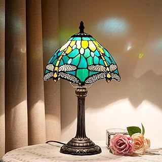 Tiffany Style Stained Glass Table Lamp Dragonfly Green Yellow Bedroom Bedside Reading Desk Light for Office Dormitory Bar Restaurant Decorate Retro Unique Cute Small Night Light Gift 8 inch