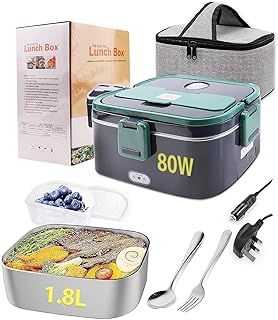 Electric Lunch Box 80W 3 in 1 Heated Lunch Box with 1.8L 304 SS Container/Insulated Bag/Large Cutlery Set,12V 24V 220V Food Warmer for Car Truck Office School and Home Use