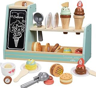 Giant bean Ice Cream Toys for Kids, Wooden Ice Cream Coffee and Frozen Treat 3-in-1 Counter Playset,25 PCS Toddler Pretend Play Kitchen Food Accessories,Christmas Birthday Gift for 3+ Kids Girls &Boys