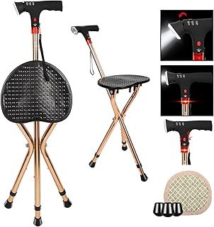 Walking Stick with Seat for Men 220 lbs Capacity, Height Adjustable Foldable Stick Chair Cane and Stool Dual-use with LED Flashlight, Warning Light and Alarm for Seniors and Adults.