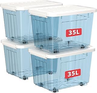 Cetomo 35L*4 Storage Boxes with Wheels, Plastic Storage Box with Lid, Latching Buckles, Click Closure, Stackable, Nesting, Durable Organizer for Home Office Clothes, Clear Blue, 35L-4 Pack