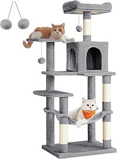 Feandrea Cat Tree, 143 cm Cat Tower for Indoor Cats, Multi-Level Plush Cat Condo with 4 Scratching Posts, 2 Perches, Cave, Hammock, Pompoms, Light Grey PCT161W01