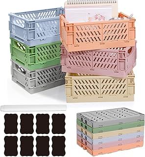 6 Pcs Collapsible Storage Crates, Folding Plastic Crate 25x16x10cm, Stackable Storage Baskets with White Marker & Stickers, Paste Crates Desktop Storage Box for Office Kitchen Bathroom