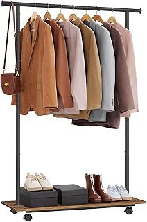 SONGMICS Clothes Rail, Portable Clothing Rack on Wheels, 98.5 cm Metal Clothes Rail, with Stoarge Shelf, Loads up to 55 kg, for Bedroom, Closet, Rustic Brown and Ink Black HSR151B01