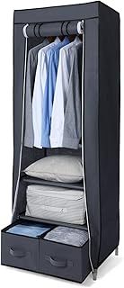 Portable Wardrobe Single Canvas Wardrobe Clothes Storage Organizer with 2 Drawers and Hanging Rail Foldable Closet for Clothes, Bags, Toys, Shoes, Living Room, Bedroom 160 x 59 x 43cm Grey