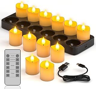 PChero Rechargeable Candles with Remote, 12 Pack LED Flameless Tea Lights Battery Operated Tealight Candles Flickering with Charging Base for Halloween Christmas New Years Eve Party Decorations