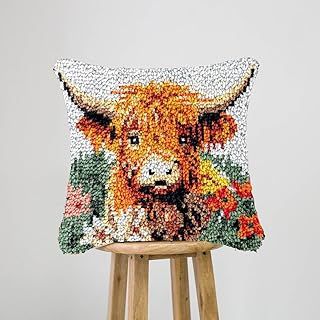 JILIP Cute Highland Cow Cattle Latch Hook Kits, 17 * 17" DIY Pillowcase Hook and Latch Kit, Needlework Cushion Cover Hand Craft Crochet Sofa Decoration (Color : B)