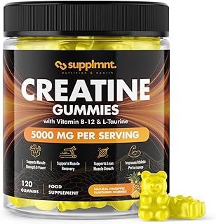 Creatine Gummies 5000mg 120ct Max Strength Muscle Growth/Recovery Supplements for Men & Women Creatine Monohydrate, B12 & L-Taurine Vegan Gym Pre Workout Chewable Gummies, 1 Month Supply (Pineapple)