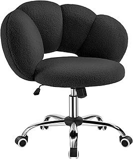 Yaheetech Boucle Upholstered Desk Makeup Vanity Chair with Wheels Swivel Cloud-shaped Accent Chair with Adjustable Height for Home Office Living Room, Bedroom Women Black