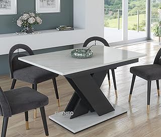 Furneo Modern Dining Table Only Extendable 120-160cm White Marble Effect Matt Tavolo01 MDF