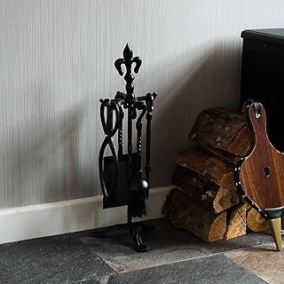 5 Piece Fleur De Lys Fire Companion Set, Black Fireside Fireplace