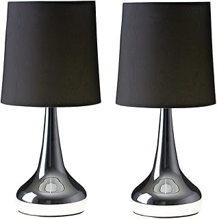 MiniSun | Modern Chrome Teardrop Touch Table Lamps with Black Fabric Shades | Table Lamps, Home Décor & Improvement Essential | Set of 2