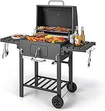 TANGZON Charcoal Grill, Portable BBQ Grill with Wheels, 2 Foldable Side Tables, Hooks, Thermometer & Adjustable Chimney, Outdoor Large Food Cooking Grilling Smoker for Garden Picnic Party Camping