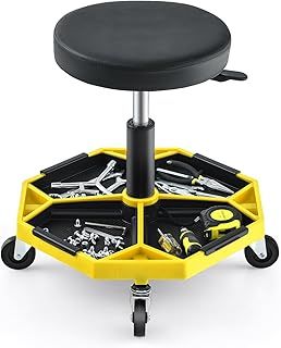 COSTWAY Rolling Mechanic Stool, Height Adjustable Swivel Pneumatic Roller Creeper Seat with Wheels & Tool Tray, 150kg Capacity Garage Workshop Padded Chair (Black+Yellow)