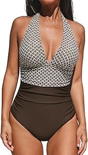 CUPSHE Women's One Piece Swimsuit Halter Tummy Control Beach Swimwear Bathing Suit Swimming Costume