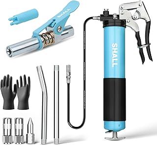 Shall Grease Gun, 7000 PSI Heavy Duty Pistol Grip Grease Gun Kit w/Grease Gun Coupler, 18” Spring Flex Hose, 2 Reinforced Coupler, 2 Extension Rigid Pipe, Sharp Nozzle, Fittings Cleaner | 14oz Load