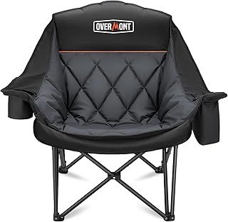 OVERMONT Oversized XL Camping Folding Chair for Adults - 450lbs Support Heavy-Duty Padded Folding Chair with Side Pocket Cup Holder for Outdoor Sports Garden Beach Fishing Lawn Black