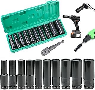 Deep Socket Set 1/2 inch 10 to 24mm, Extra Long Reach, 11 pcs Impact Driver Hex Bit Sockets, with 1/4 Hex Shank Adapter, Car Large Torque Wrench for Drill, Ratchet, Heavy Duty Spanner Tool