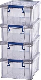 BANKERS BOX 4x 10L Plastic Storage Boxes with Lids. ProStore Super Strong Stackable Plastic Storage Boxes (14 x 34 x 21.5cm), Made in the UK, Clear