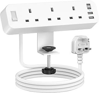 Desk Power Socket with 4 USB (2 Type C), ANVODE 3 Way Desktop Power Strip with Switch, Desk Extension Lead 2M for Home Office (White)