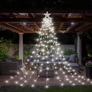 Esoes Christmas Lights Tree 350 LED Outdoor Christmas Decorations Waterfall Fairy Lights Waterproof Mains Powered with Topper Star 9 Strand String Light 8 Lighting Modes Fairy Lights (Pure White)