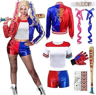 9 Pcs Quinn Costume Set for Adult Women, Halloween Villain Costume Outfit Quinn Cosplay Fancy Dress with Jacket T-shirt Shorts Glove Harley Costume Kit for Halloween Carnival Cosplay
