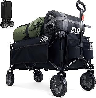 Festival Trolley on Wheels,135L Folding Camping Wagon with Adjustable Handle & Cup Holder, Collapsible Beach Cart Foldable for Outdoor Garden Picnic Shopping 100KG Capacity, Black